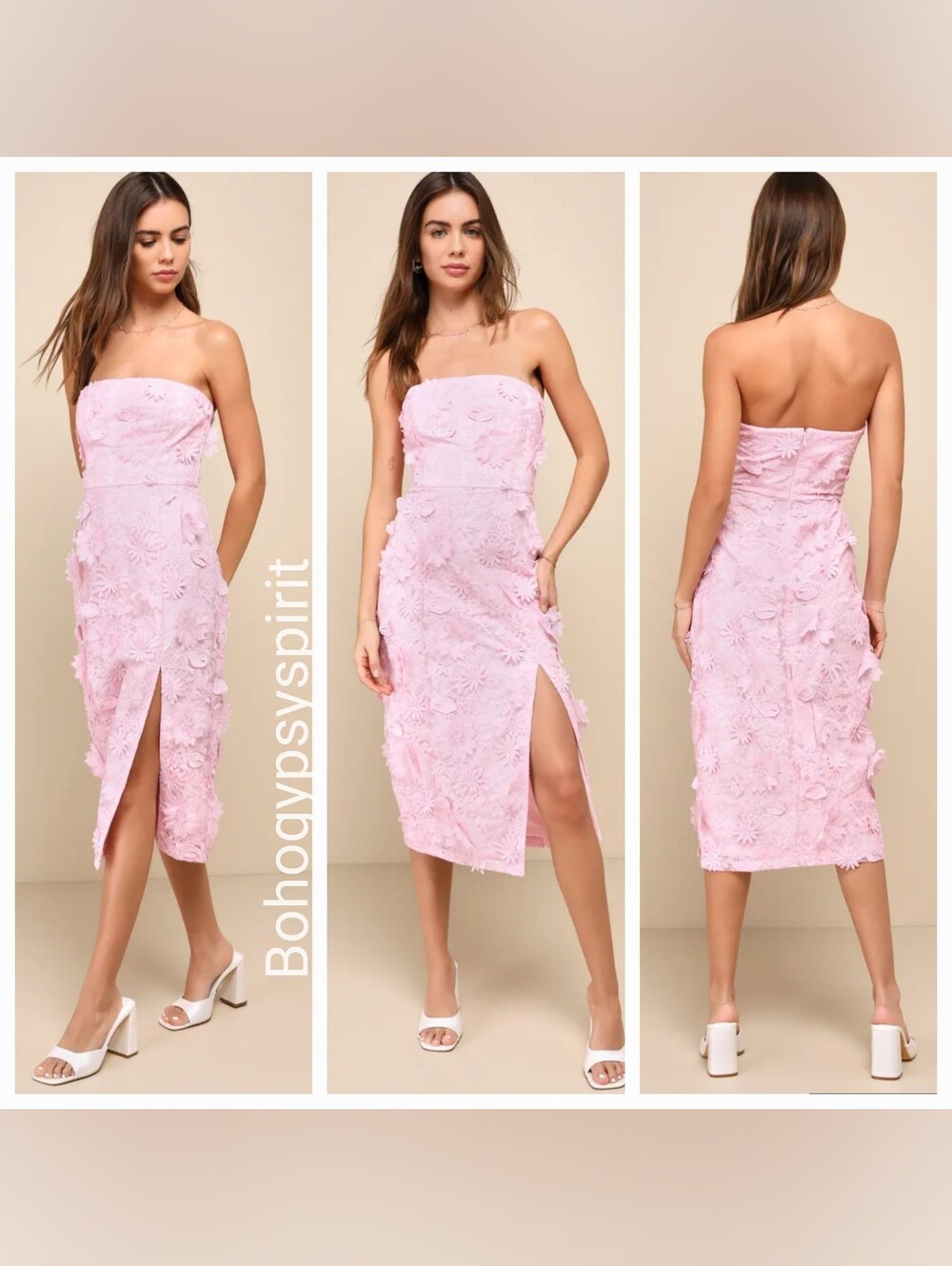 Lulu's Strapless Pink 3D Floral Embroidered Midi Dress, Size Medium - Picture 2 of 9